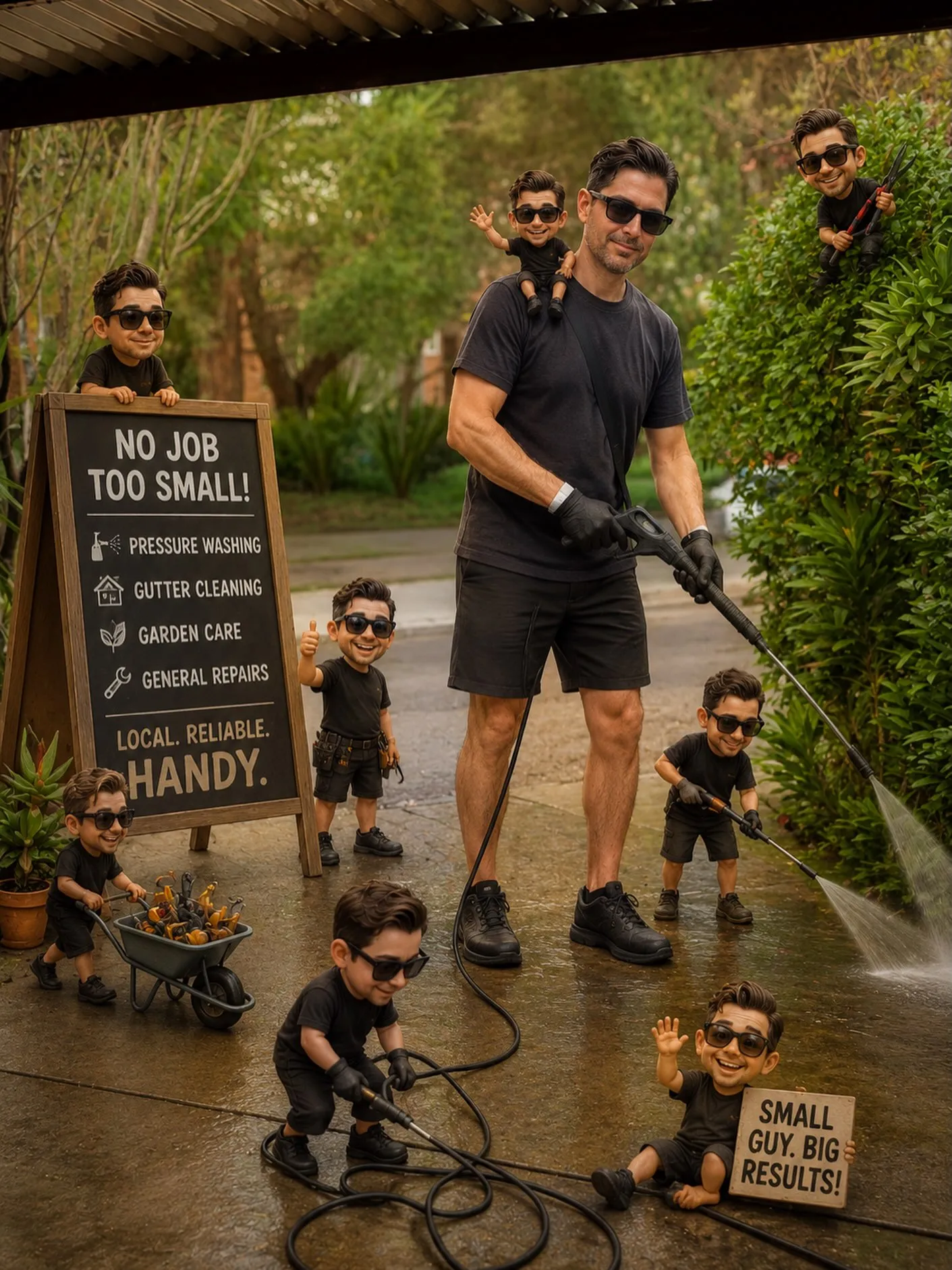 Rion pressure washing a garden path beside a 'No job too small' sign