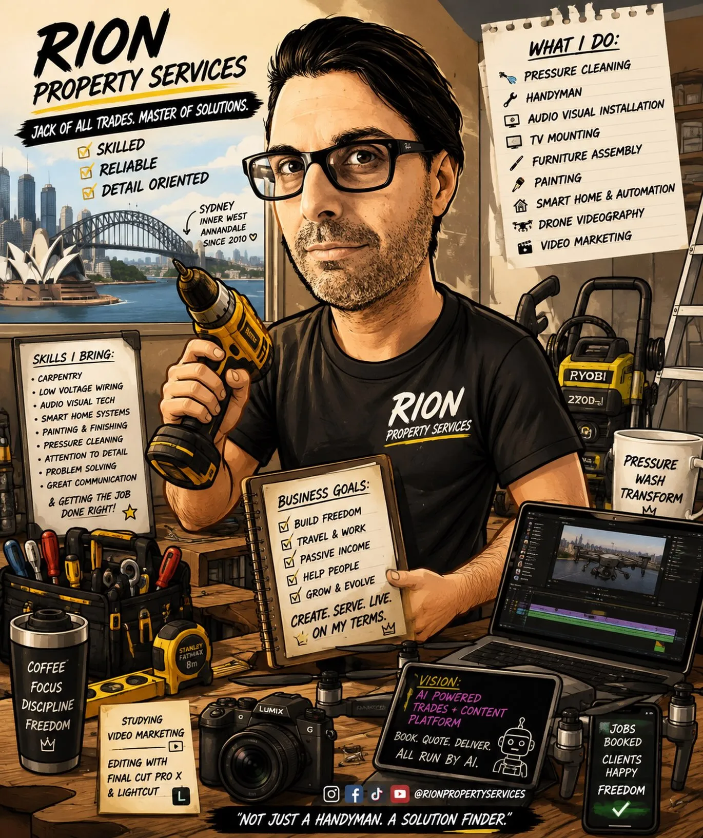 Illustration of Rion at his workbench with his tools and services list