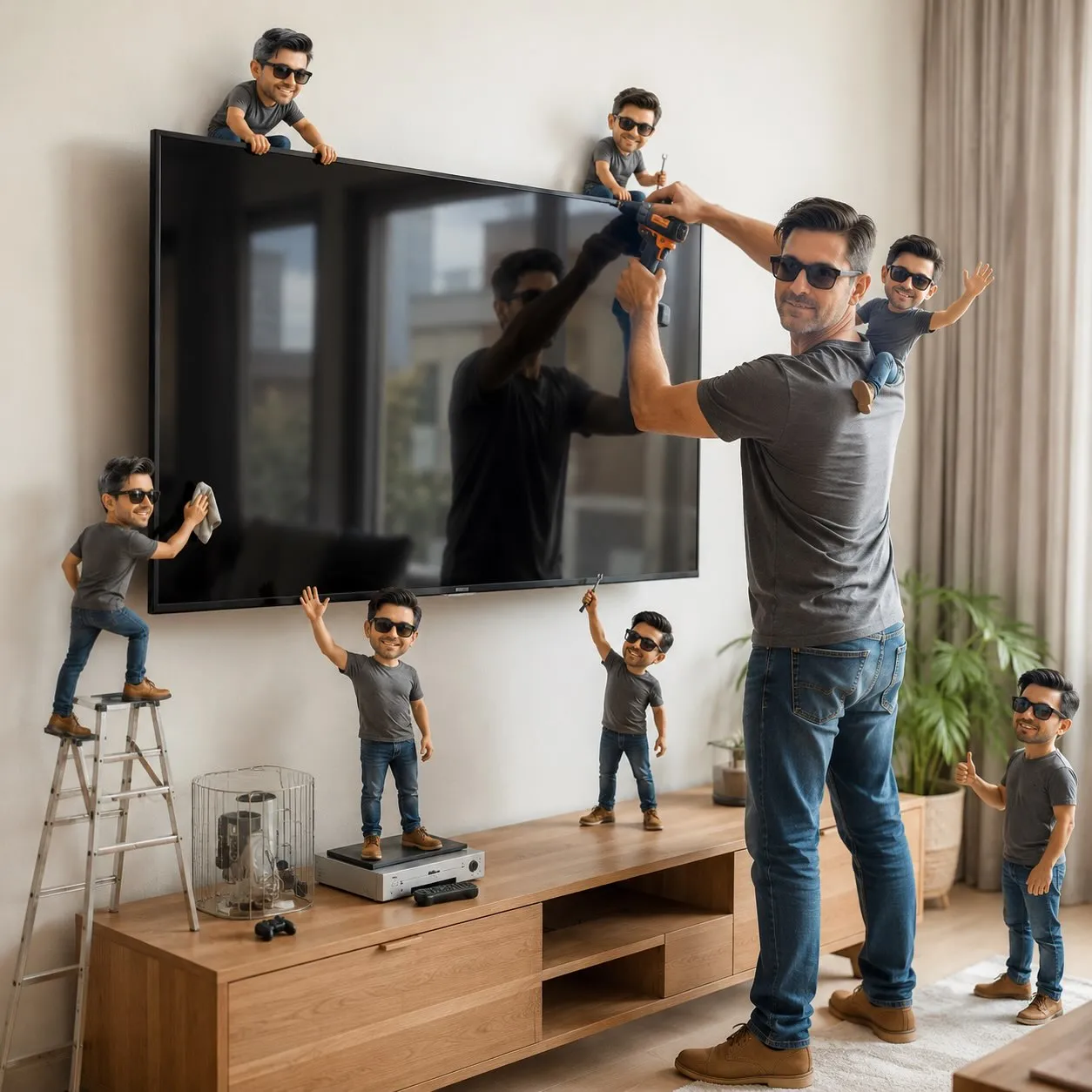 Rion mounting a large TV on a living room wall